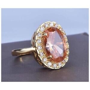 Champagne oval halo ring - 18K gold plated - CZs- size 9.